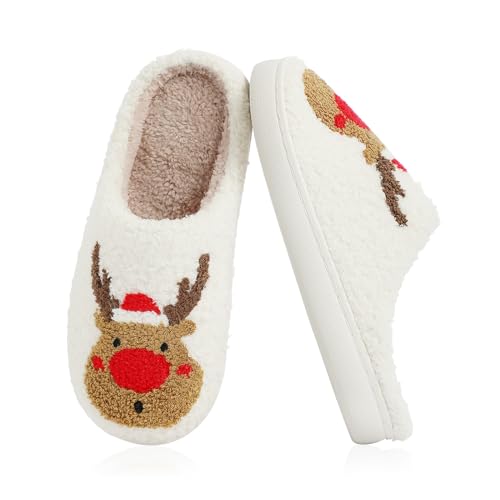 Menore Christmas Reindeer Slippers for Womens Mens Plush Warm Santa Claus Slippers Fuzzy House Slippers Christmas Gifts For Girls Women Girlfriend - Christmas Elk Red - 6.5-7.5 Women/5-6 Men