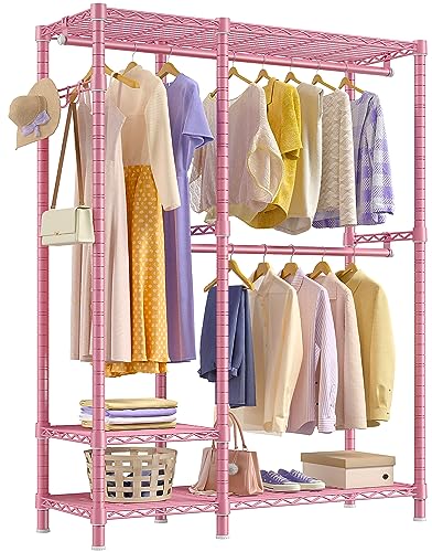 Raybee 77" H Clothes Rack Heavy Duty Clothing Racks for Hanging Clothes Portable Closet Racks for Hanging Clothes Free Standing Clothes Rack Wire Garment Rack Sturdy & Stable Pink 77" Hx31.5 Wx15.8 D - Pink