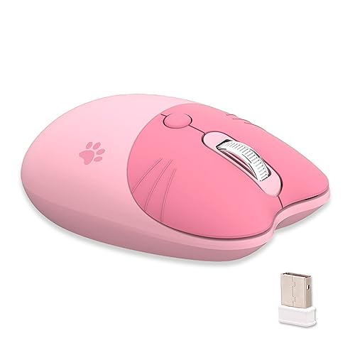 Lomiluskr Cute Cat Wireless Mouse, Lightweight Soundless Mouse, 2.4G Wireless Mice, Candy Colors, Kawaii Mouse for Girls and Kids (Pink) - Pink