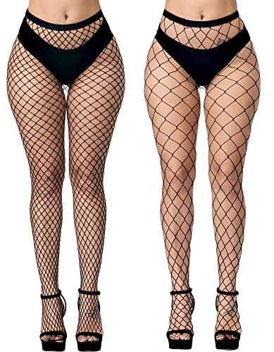 E-Laurels Womens High Waist Patterned Fishnet Tights Suspenders Pantyhose Thigh High Stockings Black - Black Fishnet Tights L+xl