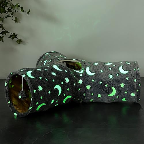 LUCKITTY Cat Tube Tunnel with Plush Ball Toys Collapsible Self-Luminous, for Cat Small Pets Bunny Rabbits, Kittens, Ferrets,Puppy and Dogs Grey Moon Star 3 Way - 3 Way