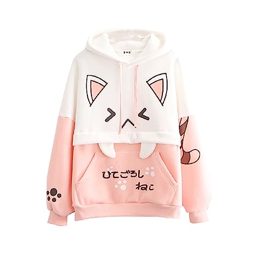 Himifashion Niedlicher Kapuzenpullover für Teenager, Mädchen, Kawaii-Katzen-Druck, Pullover, Kapuzen-Top, plus Samt-Sweatshirt, locker, warmer Kapuzenpullover - Einheitsgröße - Rose