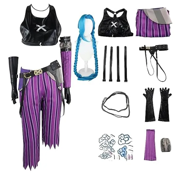 HSJZBQSM Arcanejinx Cosplay-Kostüm mit Perücke und Tattoo-Aufklebern. Komplettes Halloween Jinxarcane Damen-Cosplay-Kostüm-Set - A+wig - M