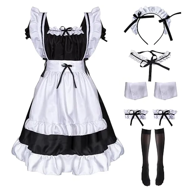 Maid Dress, 9PCS Maid Outfit Halloween Kostüm Damen Mädchen, Cosplay Sexy, Cosplay Anime Kostüm, Dienstmädchen Sexy Kostüm mit Halskette Beinringe Schürze Kopfschmuck Manschettenknöpfe Socken - M