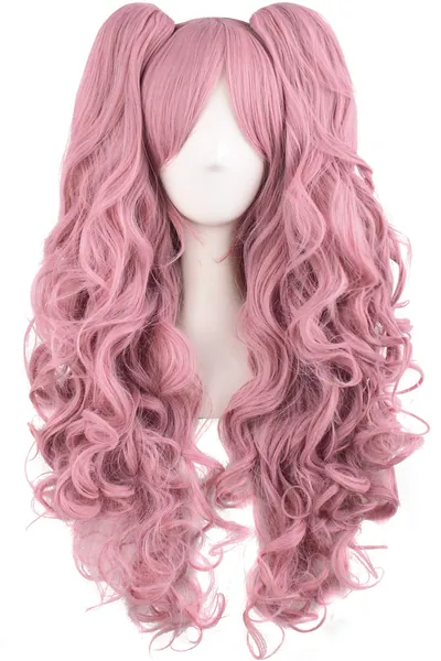 MapofBeauty Lolita lange lockige geheftet auf Pferdeschwanz Cosplay Perücke (Pinkgrau)