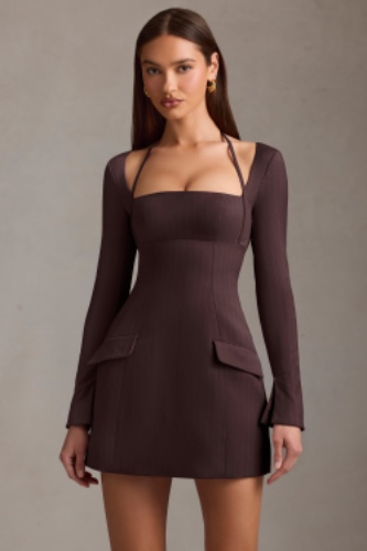 Pinstripe Structured A-Line Mini Dress in Chocolate Brown | 2