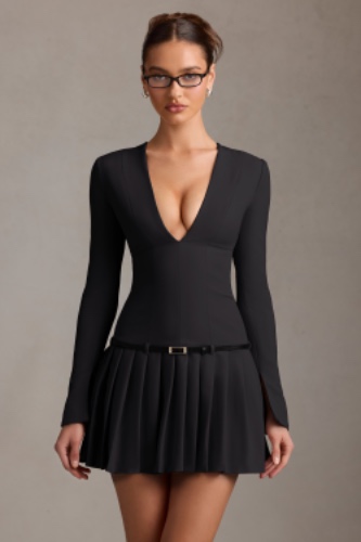 Long-Sleeve Pleated Mini Dress in Black | 2