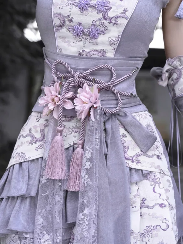 [$39.00]Purple Flower Chinoiserie Knot Corset Belt