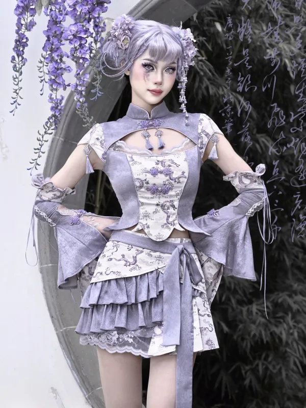 [$62.25]Purple Cheongsam Collar Short Sleeves Top Tassel Charm Decorated