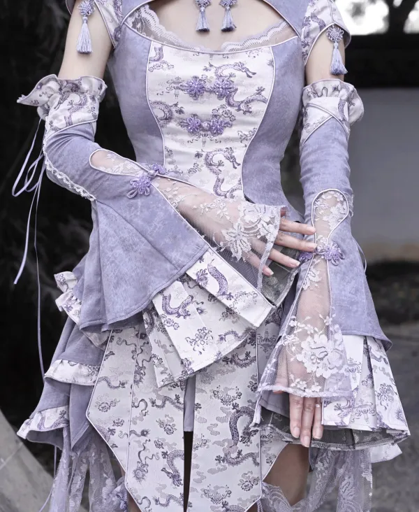 [$45.68]Purple Lace-up Detail Pleating Bell Sleeves