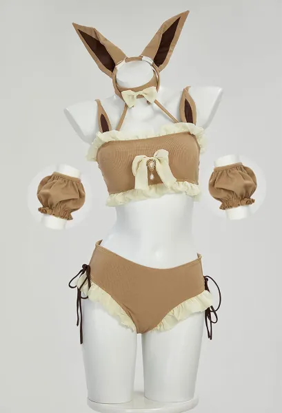 PM Derivative Swimsuit Two-Piece Bathing Suit Halter Top and Ruffle Bottoms with Arm Sleeves Headband