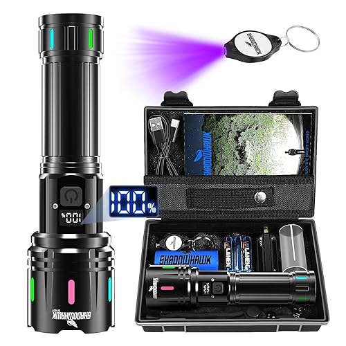 Shadowhawk Linternas LED Alta Potencia, 500000 Lúmenes Linterna LED Recargable XHM90.2 Linterna Potente, Táctica Militar Linterna Largo Alcance, Impermeable Flashlight para Emergencias Camping Regalo - Negro