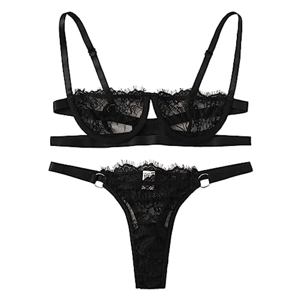 SheIn Women's 2 Piece Sexy Lace Strap Bralette Bra and Panty Lingerie Set Push Up