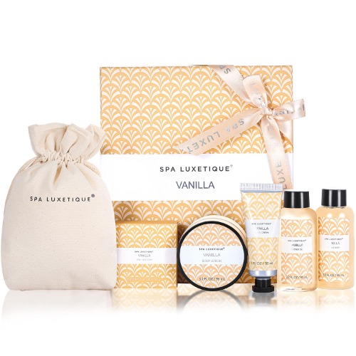 Spa Luxetique Spa Gift Set, Bath Sets for Women Gifts, 6pcs Vanilla Bath Gift Set, Travel Gift Box with Hand Cream, Body Lotion, Shower Gel, Bubble Bath, Valentine's Day Mother's Day Gifts for Her