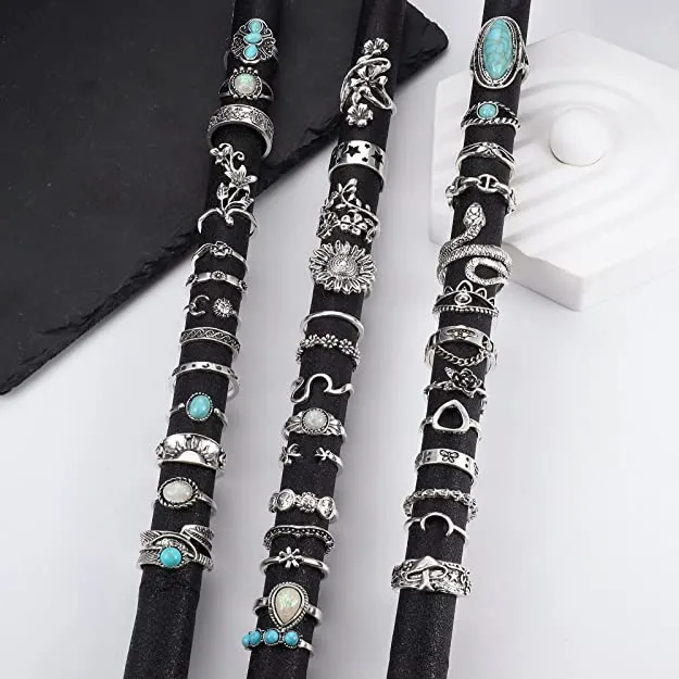 CASSIECA 40 Pcs Vintage Silver Knuckle Rings Set for Women Teen Girls Bohemian Stackable Joint Finger Rings Retro Turquoise Stone Crystal Stacking Midi Rings Pack