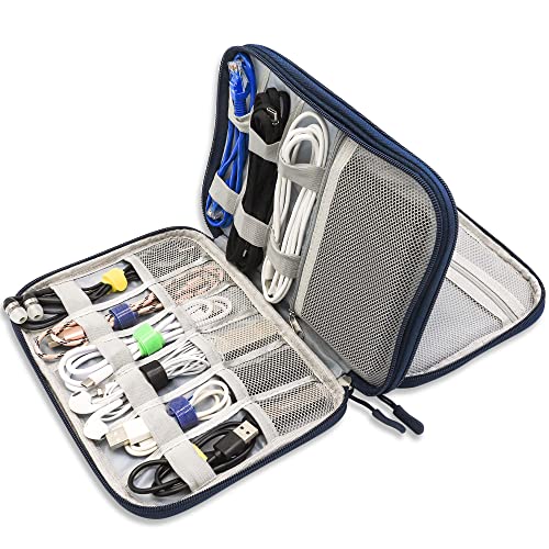 Teskyer Cable Organizer Bag, Portable Travel Cord Organizer case, All in One Waterproof Electronics Accessories Storage Bag for Cables, Chargers, Earphones, Hard Drives, 9.6 x 6.9 inch (Navy Blue) - Blue - L