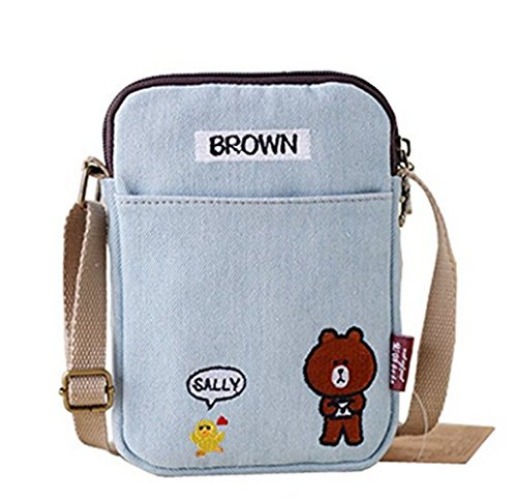 YaJaMa Cute Cartoon Women Girls Canvas Mini Shoulder Crossbody Bag Travel Lunch Cellphone Pouch with Strap - Light Blue Bier