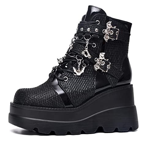 Gothniero Platform Goth Ankle Boots for Womem Black Holographic Combat Chunky Heel Boots with Side Zip Lace Up Wedge Booties US5.5-11 - 9 - Black7