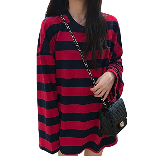 Women Harajuku Oversized Stripe Casual Long Sleeves Crewneck T-Shirt Tee Tops - X-Large - Red