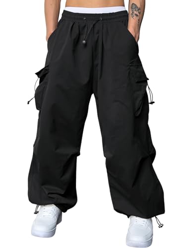 JMIERR Men's Baggy Cargo Pants Trendy Casual Parachute Pant Loose Fit Harem Joggers with Pockets for Streetwear - X-Large - A1 Black
