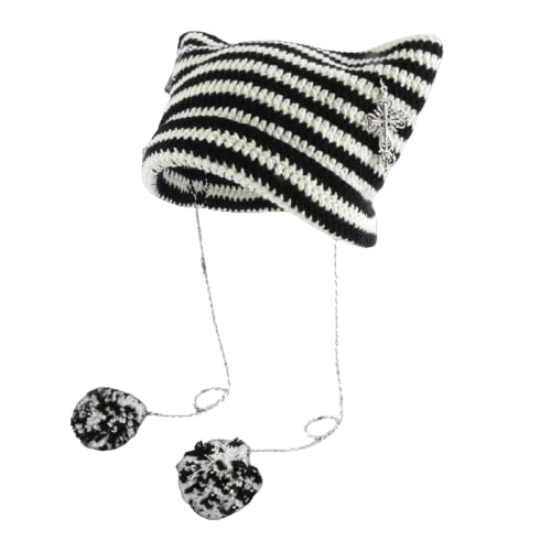 Crochet Hats for Women Vintage Beanies Women Fox Hat Grunge Goth Beanies Hat Y2K Accessories Slouchy Beanies for Women - Medium - White Black