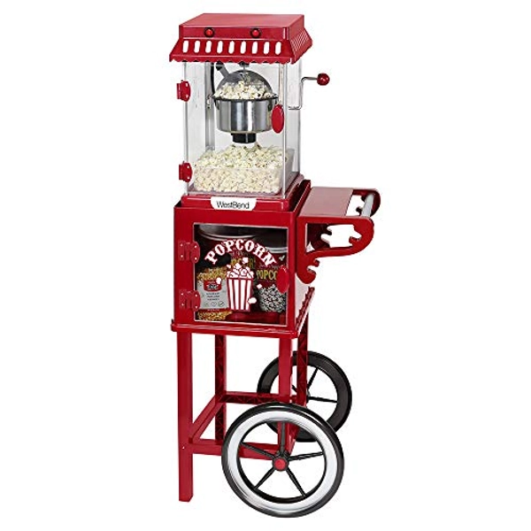West Bend PCMC20RD13 Wheeled Popcorn Cart with Non-Stick Stainless Steel Popcorn Kettle, Storage Shelf, and Popcorn Scoop for Popcorn Machine, 10 Cup, Red