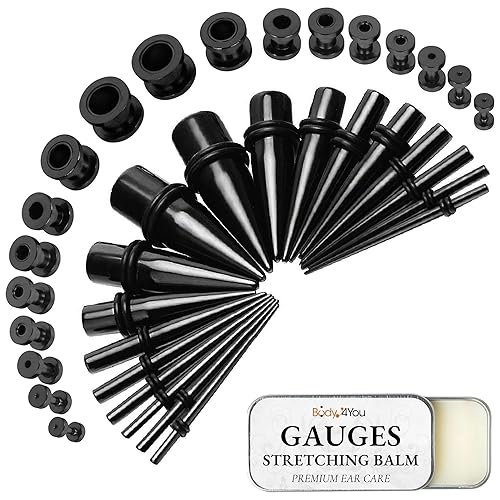BodyJ4You 37PC Gauges Kit Ear Stretching Aftercare Balm | Single Flare Screw Fit Tunnel Plugs Expander Tapers | 14G-00G Surgical Steel | Natural Recovery Solution Set - Black, Screw Fit