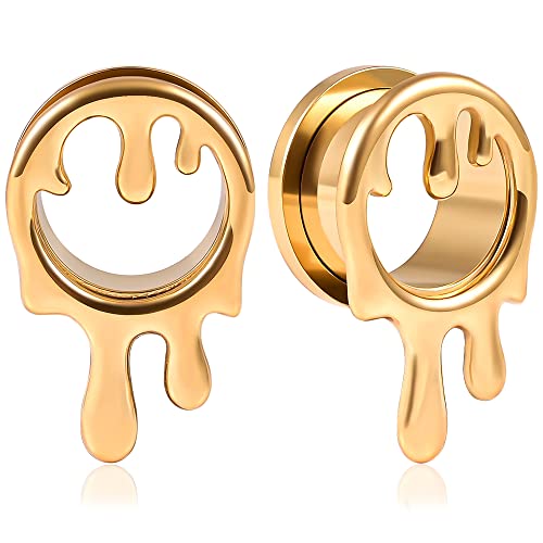 Atomhole 2PCS Cool Water Drops Ear Tunnels Plugs 316 Stainless Steel Ear Gauges Hypoallergenic Earring Expanders for Stretched Piercing Body Jewelry - 8mm(0G) - Gold