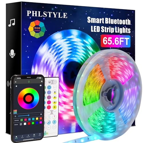 65.6ft/20m LED Lights, PHLSTYLE LED Lights Strip for Bedroom Music Sync, App Controlled Bluetooth RGB LED Light Strips, with Remote 16 Million Color Changing LED Strip Lights, Sensitive Built-in Mic - 65.6FT