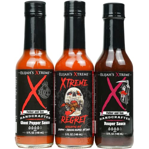 Elijah's Xtreme Trio Hottest Hot Sauce Variety Pack Includes Xtreme Regret Carolina Reaper Hot Sauce, Ghost Pepper Sauce & Sweet Reaper Hot Sauces - Gluten Free & Vegan - Father's Day Gift Set - Xtreme Trio Variety Pack (3 Bottles)