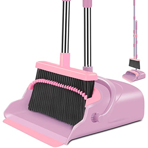 kelamayi Broom and Dustpan Set for Home, Office, Indoor&Outdoor Sweeping, Stand Up Broom and Dustpan (Pink) - Pink