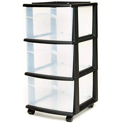 HOMZ 3 Drawer Plastic Storage & Organizer Cart with Removable Wheels | Rolling Storage for Home, Office, Classroom, Arts & Crafts Supplies | Black Frame with Clear Drawers - Black