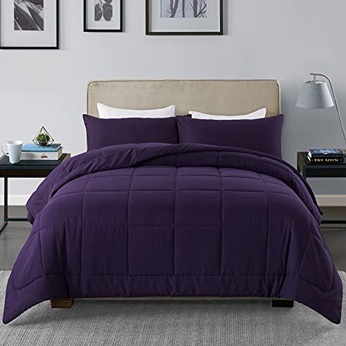 DOWNCOOL Queen Comforter Set -All Season Bedding Comforters Sets with 2 Pillow Cases-3 Pieces Bedding Sets Queen -Down Alternative Purple Queen Size Comforter Sets(88"x90") - Purple - Queen