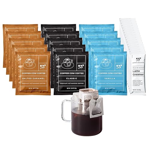 Copper Cow Coffee Vietnamese Pour Over Coffee with Sweetened Condensed Milk Creamer – Single-Serve and All-Natural Pre-Filled Coffee Filters – Classic, Vanilla, Salted Caramel Latte Flavors (15 Pack) - Classic, Vanilla & Salted Caramel Latte (15 Pack) - 1.04 Ounce (Pack of 15)