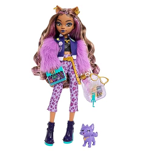 Monster High Clawdeen Wolf Doll with Pet Dog Crescent & Accessories Like Backpack, Planner, Snacks & More - Refreshed Look