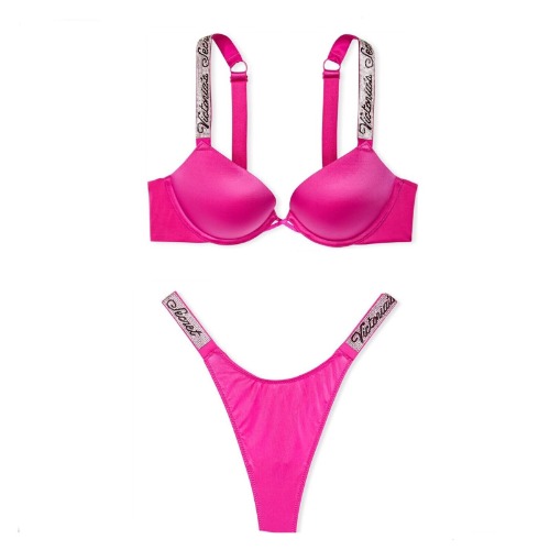 Victoria&#039;s Secret Shine Strap Bombshell Smooth Push Up Bra Thong Set Frenzy