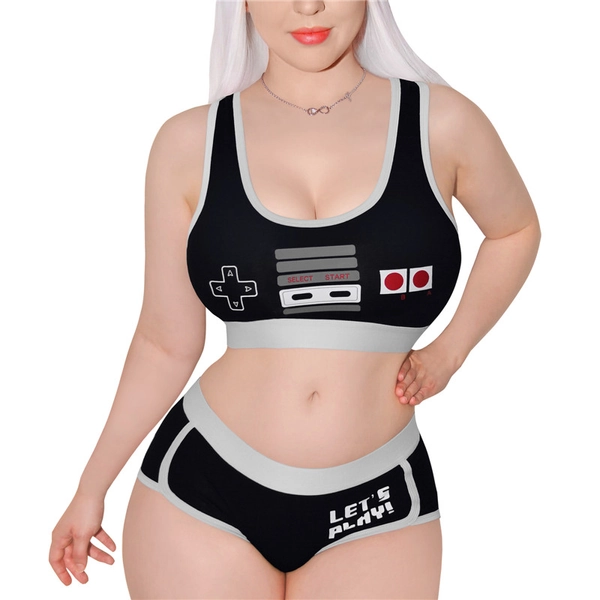 Let's Play GamerGirl Cosplay Bralette 2 Piece Sportsbra Boyshort Loungewear Set Black - LittleForBig Cute & Sexy Products