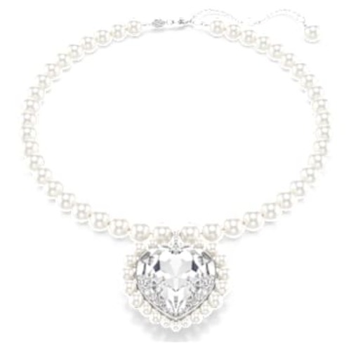 Náhrdelník Ariana Grande x Swarovski, Křišťálová perla, Srdcový výbrus, Srdce, Bílá, Pokoveno rhodiem