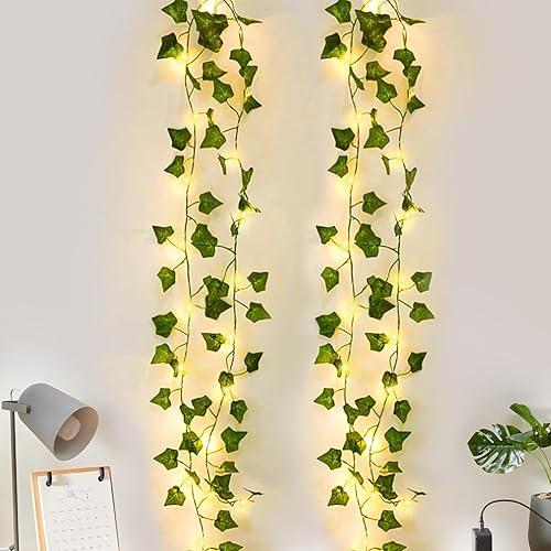 DEDC 2 Pack 2 Meter 20 LED String Lights Artificial Ivy Fake Garland Green Leaf Plants Vine Battery Operate Fairy String Lights Hanging for Wedding Party Home Wall Decor - 2 pack