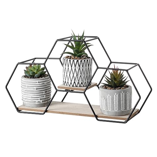 TERESA'S COLLECTIONS Decorative Artificial Succulent Plants, Set of 3 Wall Plants Fake Plants Geometric Ceramic Vases Planter, Indoor Faux Potted Plants for Home Decor, Spring Decoration, Table, H18cm