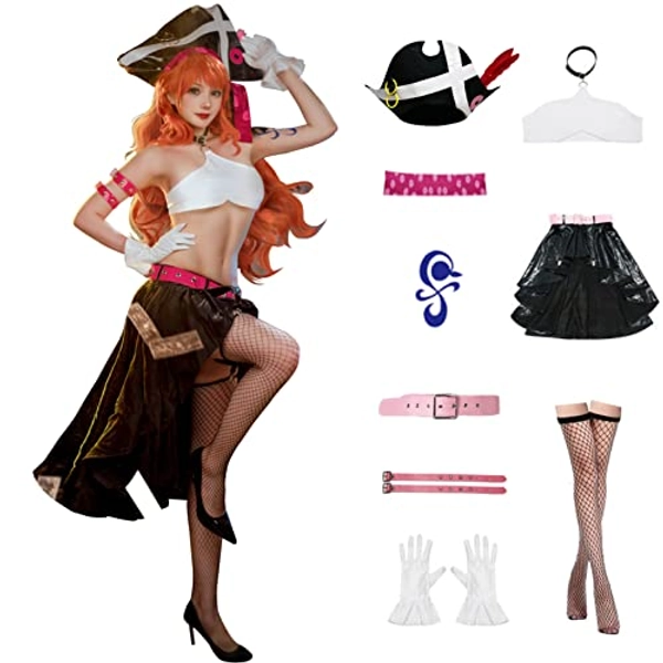 Women Anime Nami Cosplay Costume Girl Black Dress Crop Uniform Skirt Party Halloween Outfit with Tattoo Hat
