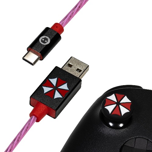 Numskull Official Resident Evil LED USB Type-C Cable and Thumb Stick Grips - 1.5m Fast Charging Lead, Xbox Series X Controller Mod - Red/White/Black/Purple