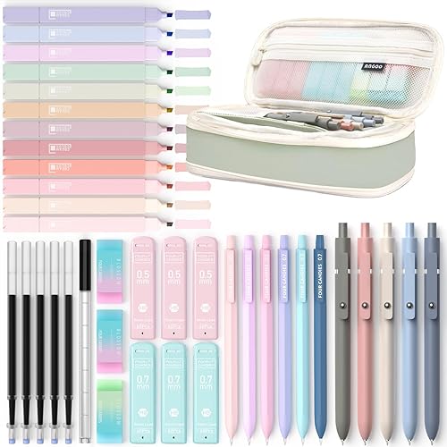 Four Candies 39 Stück Schulsachen mit Mäppchen, 12 Pastell Textmarker, 5 Gelstifte, 6 Druckbleistift Set, Aesthetic Stifte und Coole Sachen für Teenager Mädchen School Stuff Clean Girl (Grün) - Grün