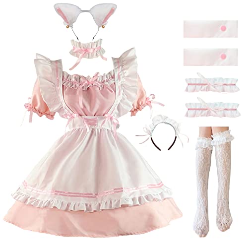 LISANEK Maid Outfit Anime Cosplay Lolita Maid Dress French Maid Costume Plush cat ear Socks set - 3X-Large - Pink