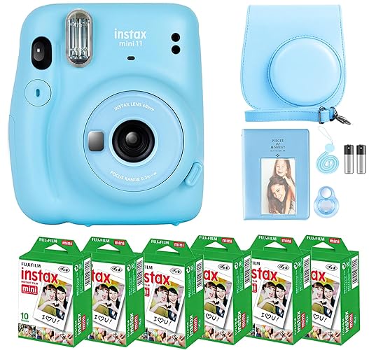Fujifilm Instax Mini 11 Camera with Fujifilm Instant Mini Film (60 Sheets) Bundle with Deals Number One Accessories Including Carrying Case, Selfie Lens, Photo Album, Stickers (Sky Blue) - Sky Blue