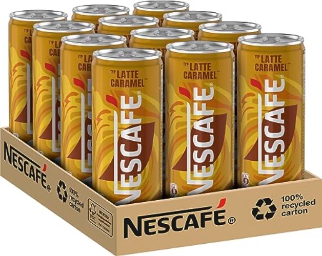 NESCAFÉ Ready-to-drink Typ Latte Caramel, trinkfertiger Eiskaffee mit feiner Karamellnote in der Dose für unterwegs, koffeinhaltig, 12er Pack (12 x 250ml) - Latte Caramel