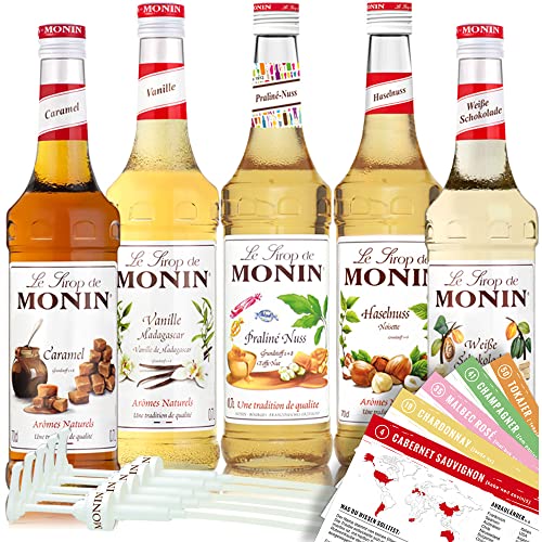 MONIN-SET Café 5+5-5x Kaffee Sirup + 5x Pumpen - Karamell, Vanille, Praline-Nuss, Haselnuss, Weisse Schokolade (5x 0,7l)