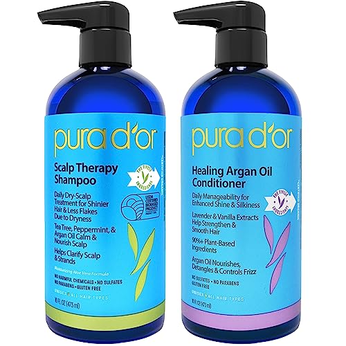 PURA D'OR Scalp Therapy Shampoo & Healing Conditioner Set(16 fl oz x 2) For Dry, Itchy Scalp - Hydrates & Nourishes Hair with Tea Tree,Argan Oil & Biotin, All Hair Types, Men Women(Packaging May Vary) - Shampoo Set