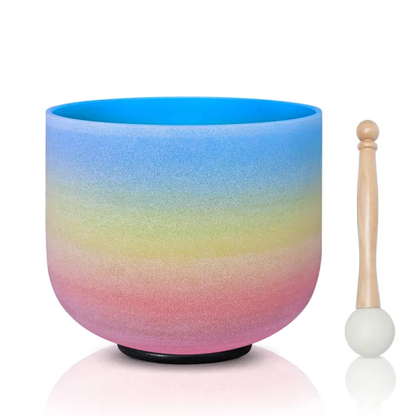 CVNC 8 Inch Rainbow Colored G Note Throat Chakra Frosted Quartz Crystal Singing Bowl Free mallet & O-ring Sound Healing Instrument