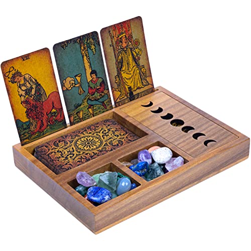 Curawood Tarot Card Holder Box for More Immersive Readings - 3 Tarot Card Stand & Crystal Holder - Moon Phase Design Tarot Display Deck Holder & Crystal Tray - Witchcraft Decor - Wiccan Altar Supplies - 3-Card Stand with Compartment
